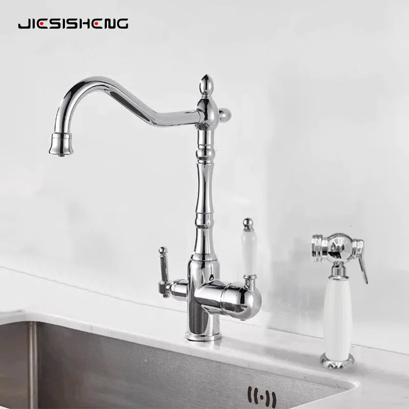 Brass light luxury three-in-one pure water faucet household sink washbasin hot and cold water faucet anti-splash