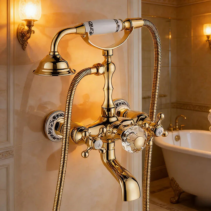 Luxury Golden Bathtub Faucet - Brass Bathroom Faucet with Rotating Spout & Shower, Brass Construction