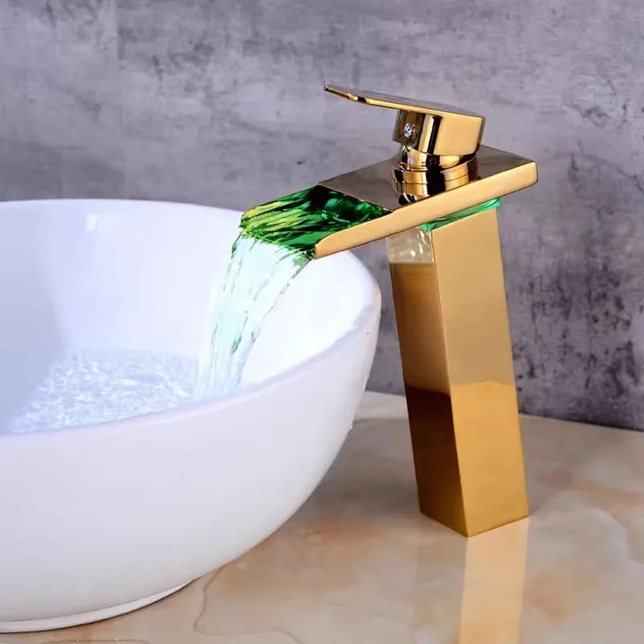 Brushed Gold LED Basin Faucet Waterfall Sink Taps Color Changing Temperature Bathroom Mixer Brass Cold Hot Tap