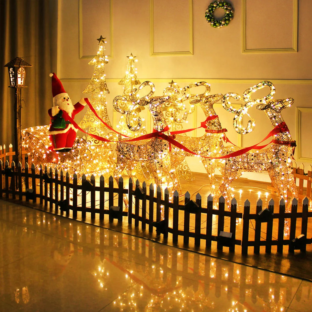 Christmas Gold Reindeer Sleigh  Led Light iron sleigh cart Home Garden Yard Ornament Outdoor