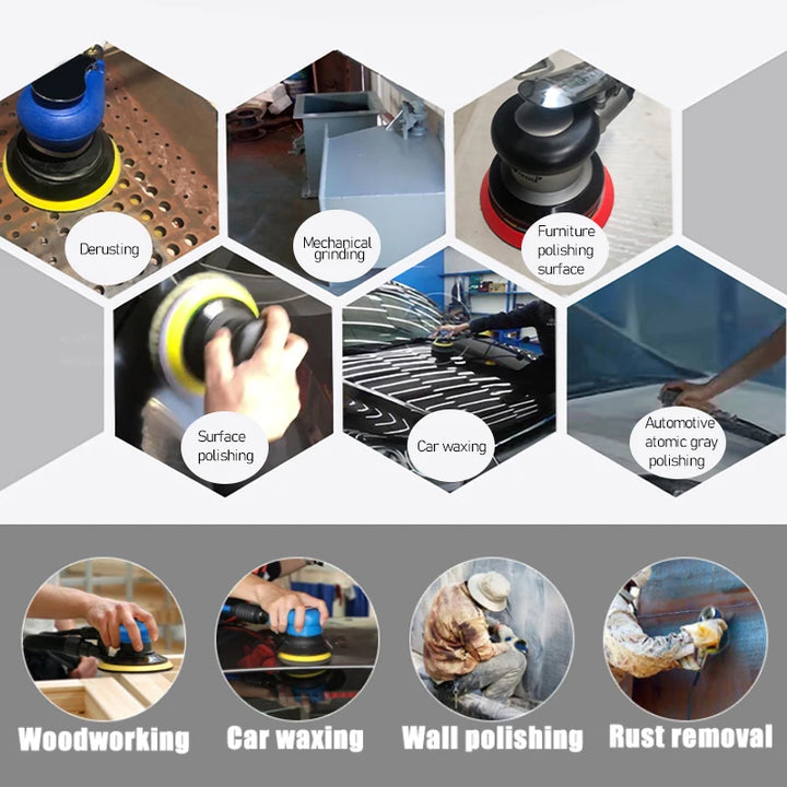 NuoDdunco 5-inch /6-inch Pneumatic Orbital Sander Air Polisher 125mm/150mm Air Vacuum Grinder for Car Metal Wood Polishing