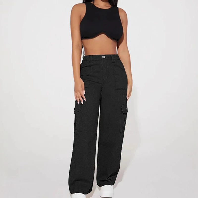 Women Black Wide Leg Cargo Pants 2025 Fashion High Waist Button Big Pocket Long Trousers Vintage Y2K Streetwear Baggy Trousers