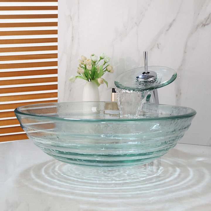 YANKSMART Transparent Tempered Glass Round Bathroom Basin Sink Faucet Set Washbasin Vessel Vanity with Mixer Waterfall Faucets