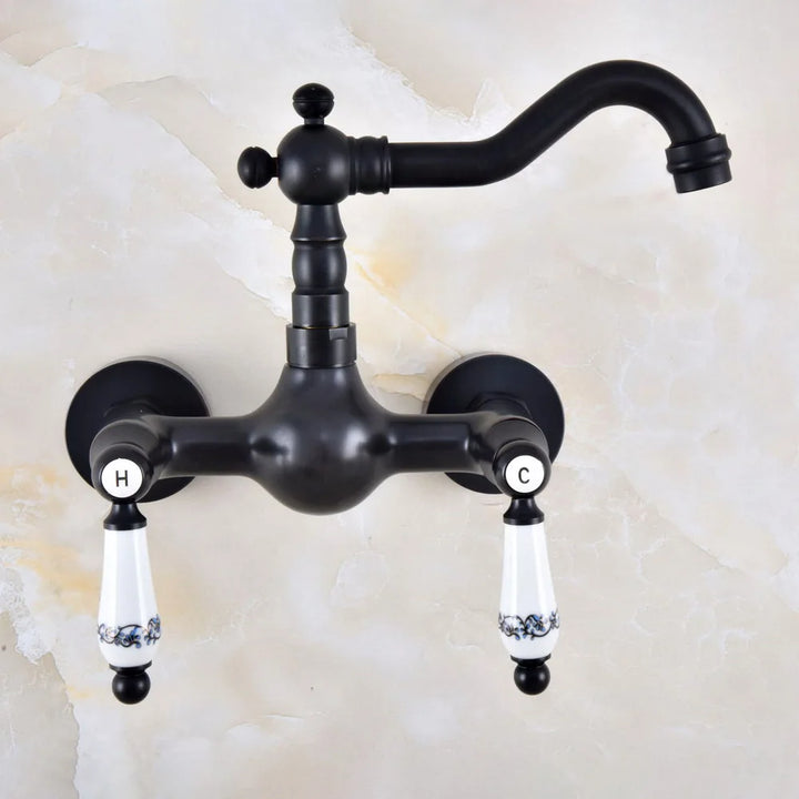 Black Oil Rubbed Bronze Wall Mounted Bathroom Kitchen Sink Faucet Swivel Spout Mixer Tap Dual Ceramics Handles Levers anf859