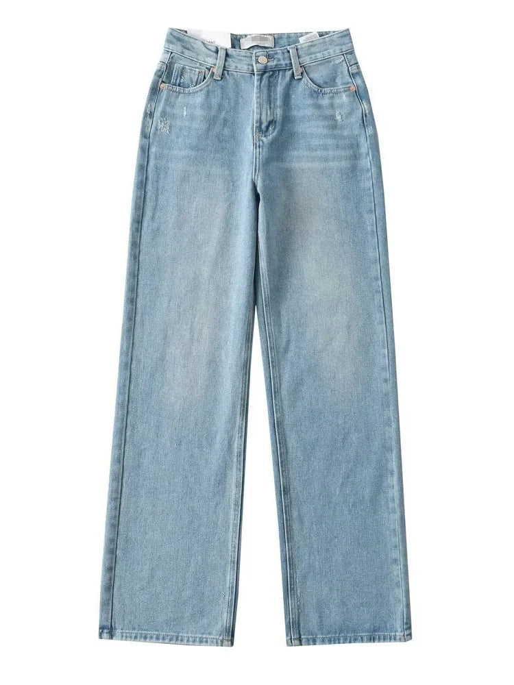 MiuKoMiYa Straight Leg Jeans For Women High Waist Gray Long Wide Denim Pants Vintage Blue Boyfriend Jeans