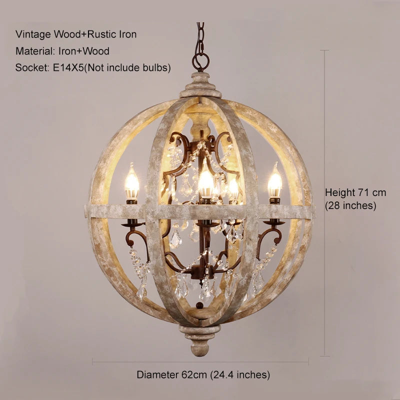 Globe Wood Chandelier Bedroom Living Room Hanging Lights Antique Round Sphere Wooden Chandelier