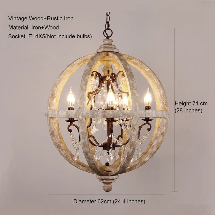 Globe Wood Chandelier Bedroom Living Room Hanging Lights Antique Round Sphere Wooden Chandelier