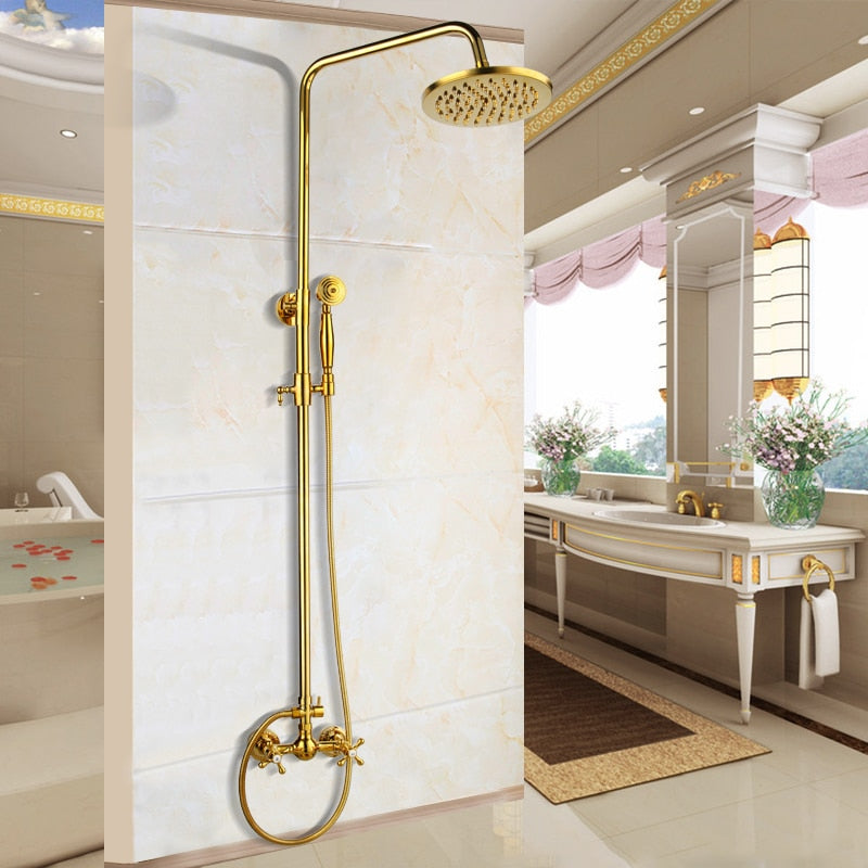 KEMAIDI Luxury Gold Brass Shower Faucet Set Daul  Handle Tub Mixer Hand Shower Bathroom Tub Faucets Tap