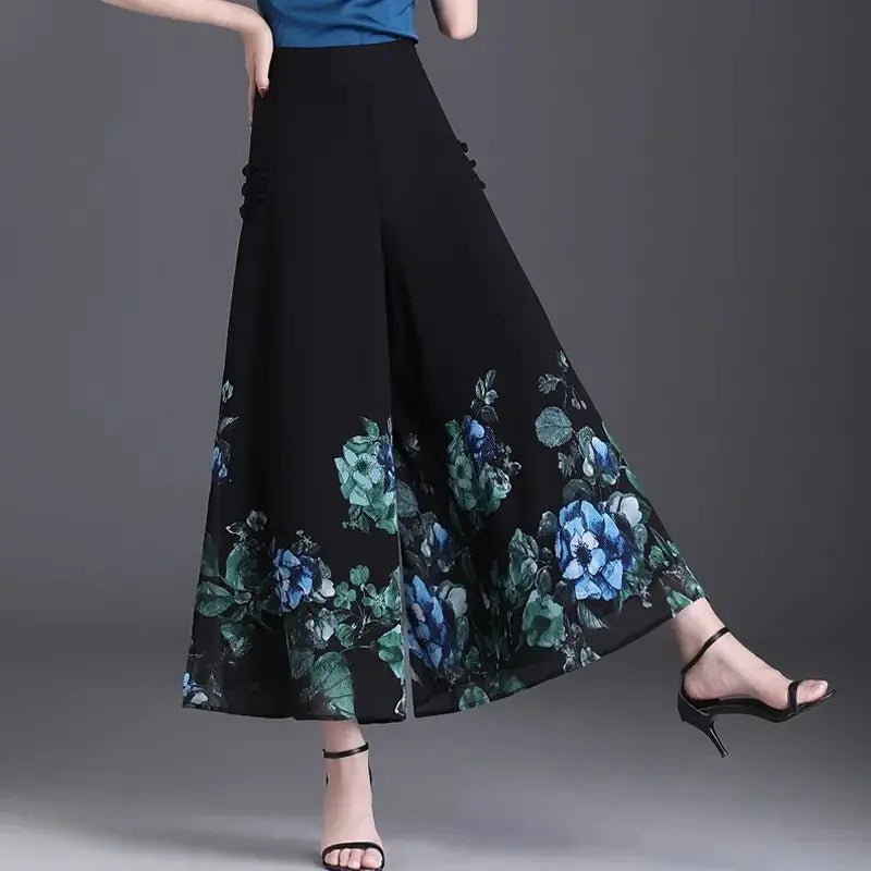 Thin Chinese Style Floral Chiffon Wide Leg Pants Women Tie Die Printed Button Loose High Waist Vintage Straight Trousers