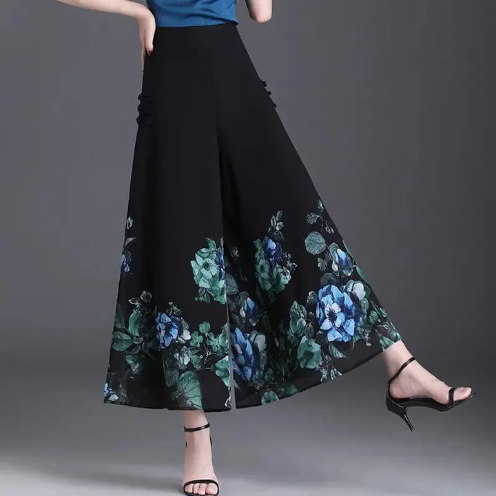 Thin Chinese Style Floral Chiffon Wide Leg Pants Women Tie Die Printed Button Loose High Waist Vintage Straight Trousers