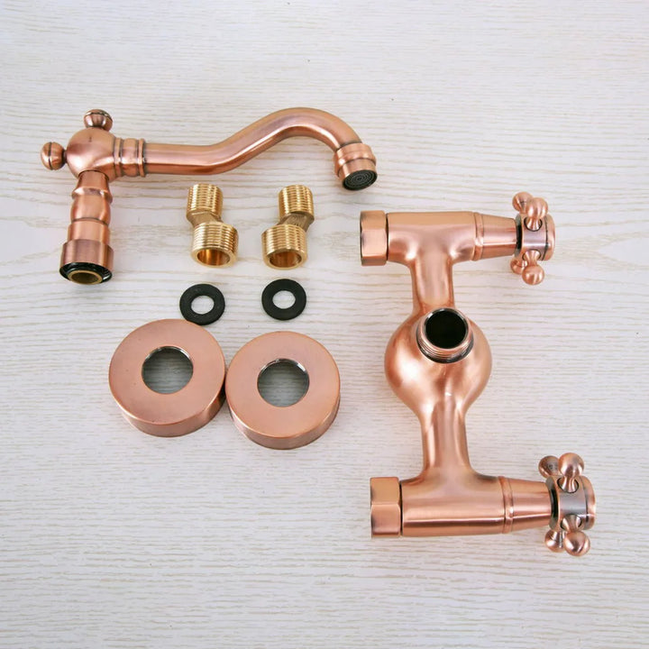 Antique Red Copper Bathroom Kitchen Sink Basin Faucet Mixer Tap Swivel Spout Wall Mounted Dual Cross Handles Nnf946
