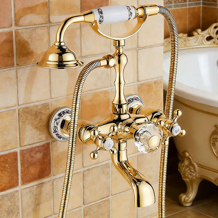 Luxury Golden Bathtub Faucet - Brass Bathroom Faucet with Rotating Spout & Shower, Brass Construction