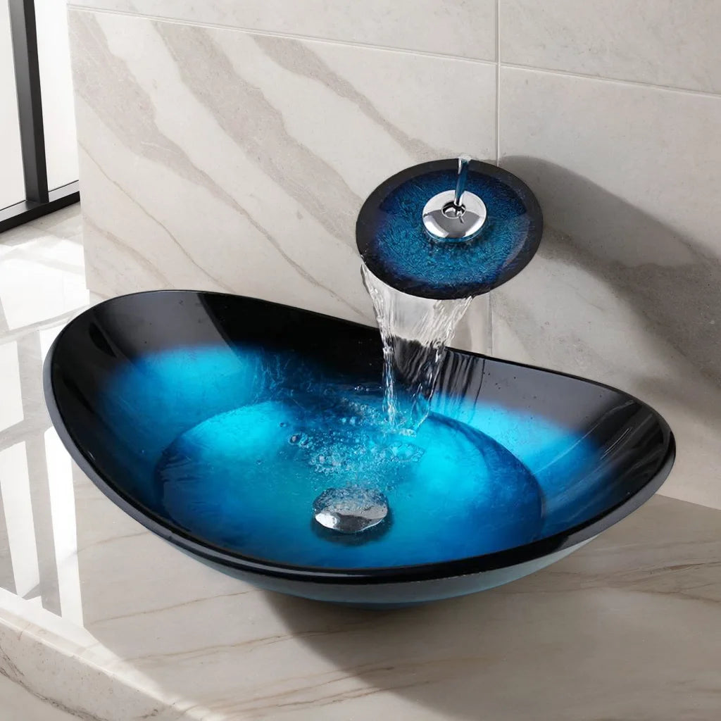 KEMAIDI Bathroom Sink Countertop Basin Bowl with Faucet Washroom Vessel Vanity Sinks Tempered Glass Basin Washbasin Faucet Set