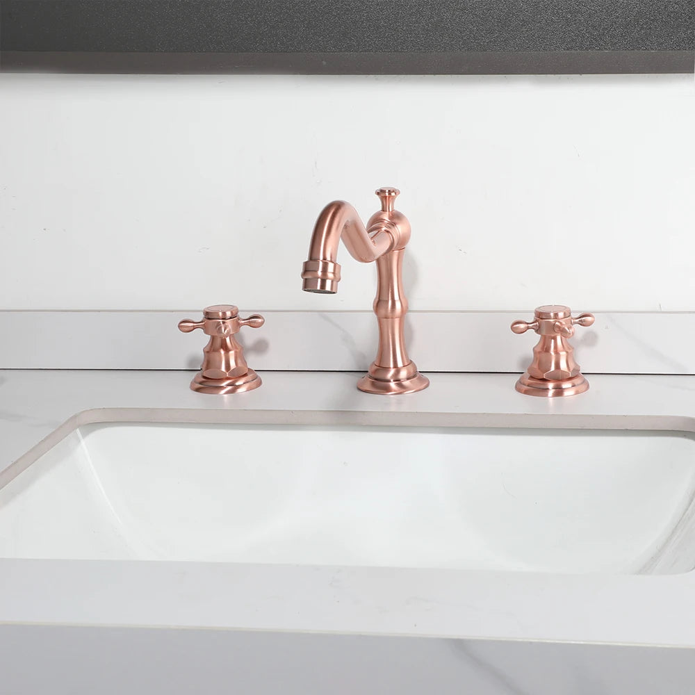 KEMAIDI Bathroom Vessel Sink Faucet Rose Gold Vanity Three Hole Daul Handles Basin Faucets Hot And Cold Mixer Deck Mounted Tap