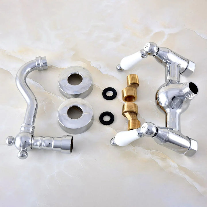 Wall Mounted Bathroom Faucet Polished Chrome Brass Finish Dual Ceramic Handle Washbasin Mixer Vessel Sink Faucets Lnf562
