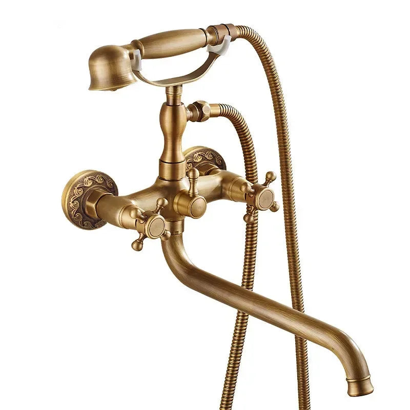 Antique Bathtub Shower Faucet Set Wall Mounted Black Bath Shower Faucet Bathroom Cold and Hot Bath and Shower Mixer Taps Brass