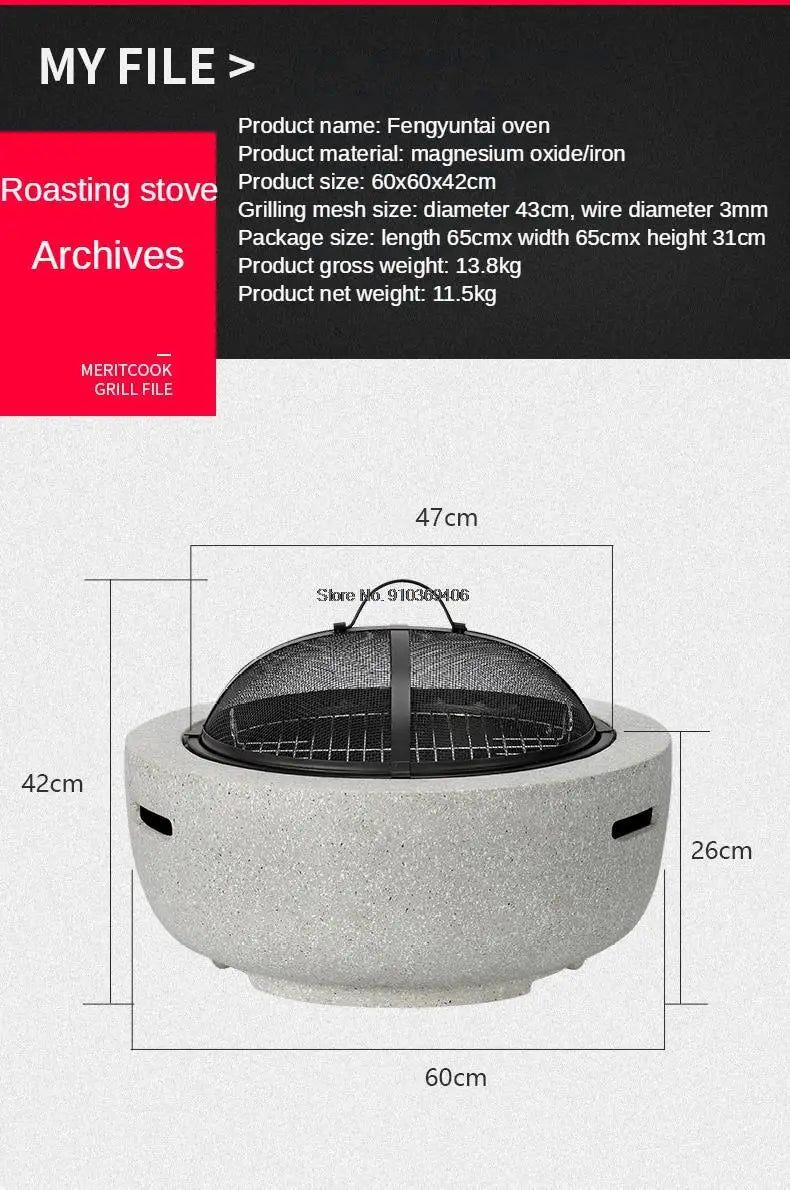 Round Outdoor Fire Pit Table Household Charcoal Brazier Garden Courtyard Barbecue Grill with Mesh Enclosure and Barbecue Net