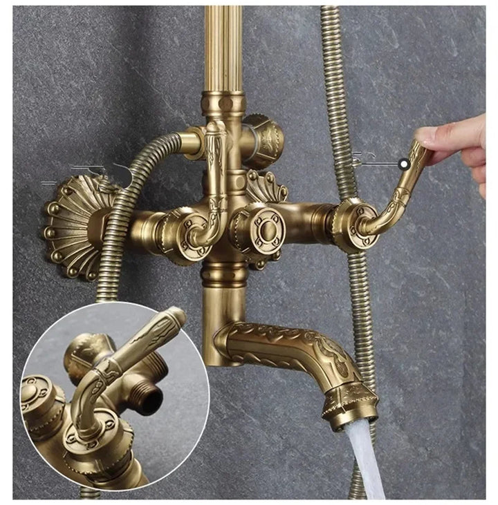 Antique Bronze Carved Bathroom Shower Faucet Set Wall Mounted Bathtub and Shower Faucet Cold & Hot Bath Shower Mixer Tap Brass