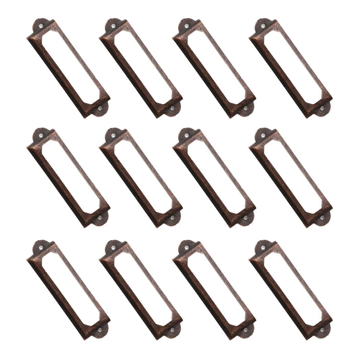 12pcs Antique Brass Golden Metal Label Pull Frame Handle File Name Card Holder For Furniture Cabinet Drawer Box Case Bin 17*60mm