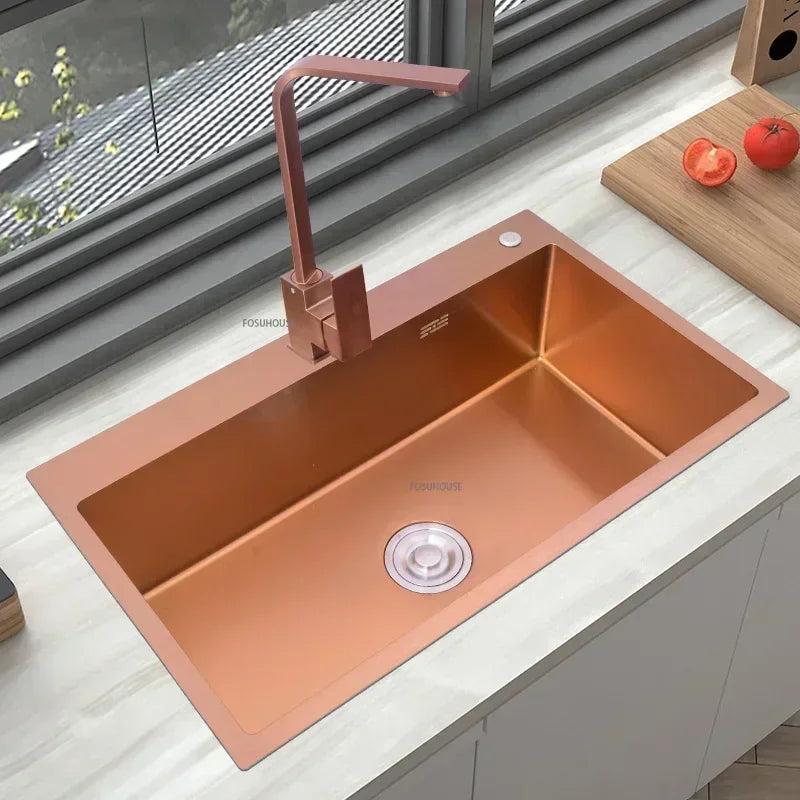 Rose Gold Stainless Steel Kitchen Sink Single Bowl Above Counter Vegetable Basin Modern Drain Storage Luxury