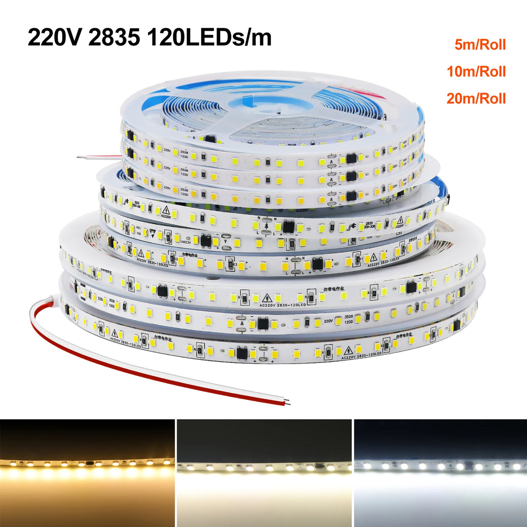 10M 20M 50M/Roll AC 220V 240V LED Strip NO Need Driver IP44 3000K 4000K 6000K 2835 120Leds/M Flexible Ribbon Rope Tape Light