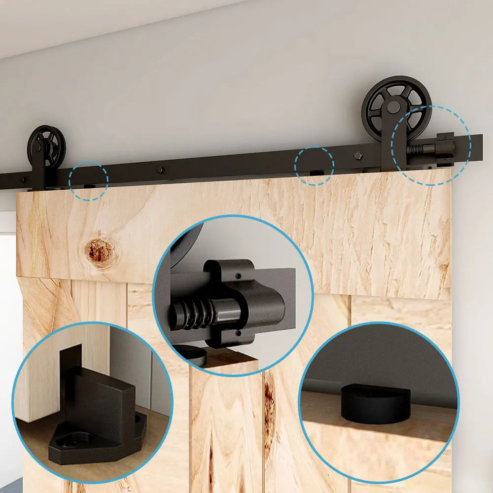 TSMST Heavy Duty Barn Door Hardware Kit for Wood Single Barn Door Black Industrial Rail + Middle Wheel  T Shape Roller