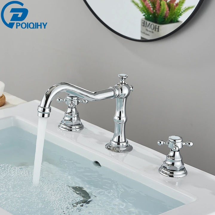 Antique Brass Bathroom Mixer Taps Widespread Basin Faucet Dual Handles Hot and Cold Tap Deck Mounted Brass Basin Sink Faucet