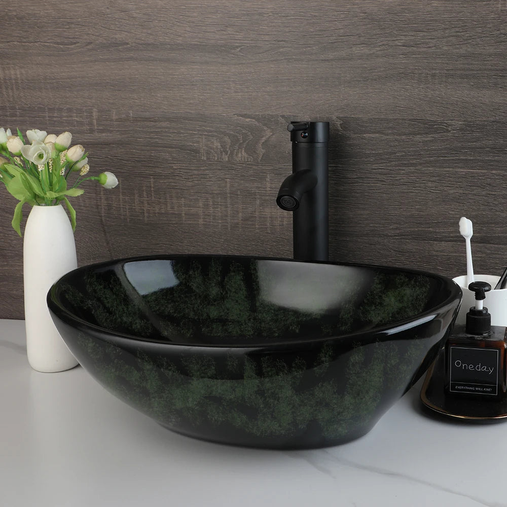 KEMAIDI Oval Vessel Sink with Faucet White Marbling Bathroom Vessel Sinks Above Counter  Ceramic Vessel Sinks for Bathroom Mixer
