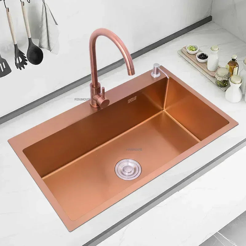 Rose Gold Stainless Steel Kitchen Sink Single Bowl Above Counter Vegetable Basin Modern Drain Storage Luxury