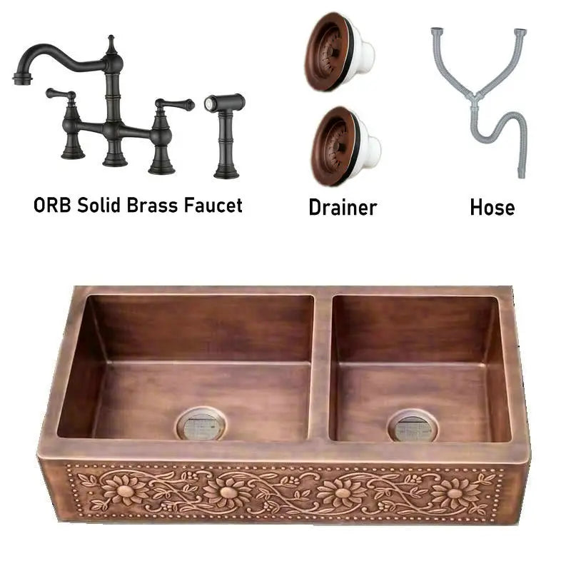 MAEBOW Antique Copper Regtangular Apron Front Double Bowls Artistic Kitchen Sink Farmhouse Sink