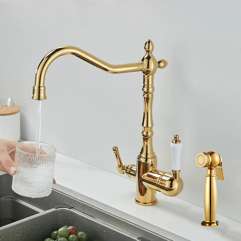 Brass light luxury three-in-one pure water faucet household sink washbasin hot and cold water faucet anti-splash