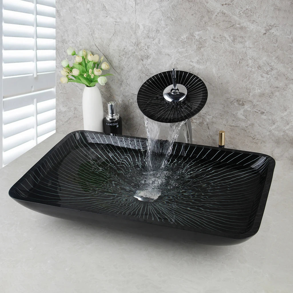 KEMAIDI Black Striped Tempered Glass Vessel Sink Set, Multi-Shape Bathroom Basin with Single-Handle Faucet Deck Mounted Vessel