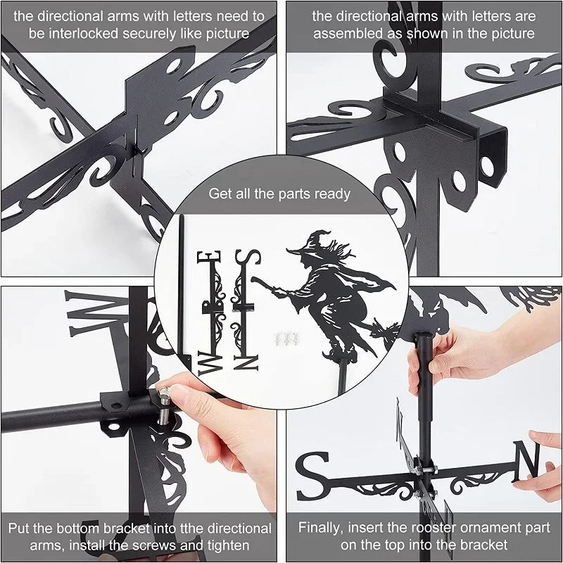 Weathervane, Metal Outdoor Garden Ironwork, Roof Courtyard Garden Decoration, Creative Furniture Chicken, Witch, Housewares New