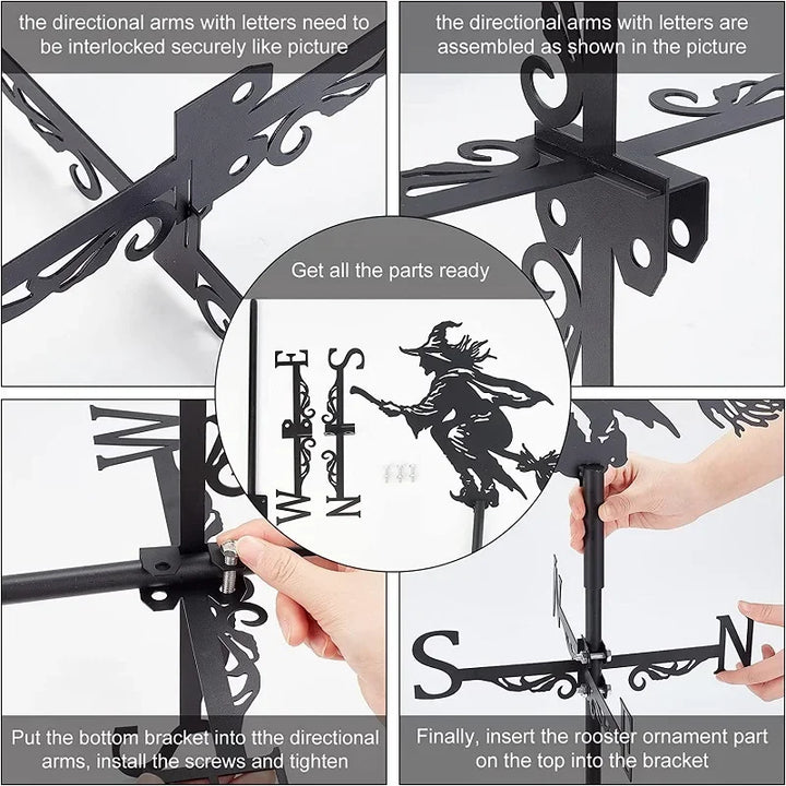 Weathervane, Metal Outdoor Garden Ironwork, Roof Courtyard Garden Decoration, Creative Furniture Chicken, Witch, Housewares New