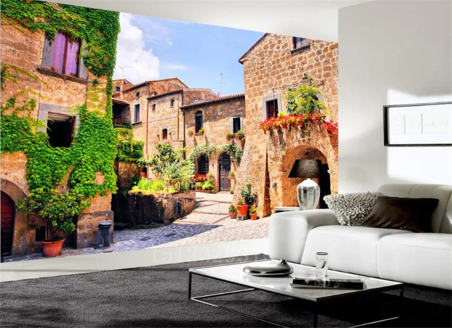 3D Custom Mural Wallpaper - Window Sea View with Red Flowers Stone Path Small Island Garden Lake Background wall for Home Decor