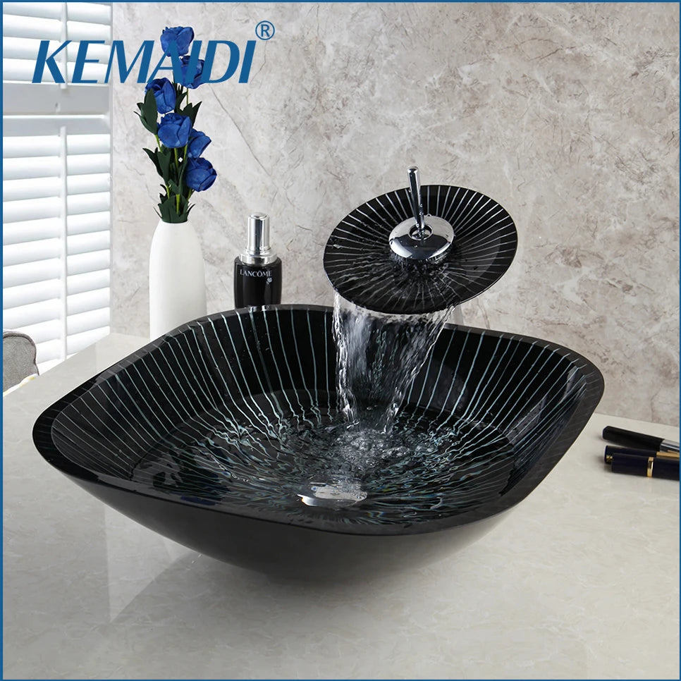 KEMAIDI Black Striped Tempered Glass Vessel Sink Set, Multi-Shape Bathroom Basin with Single-Handle Faucet Deck Mounted Vessel