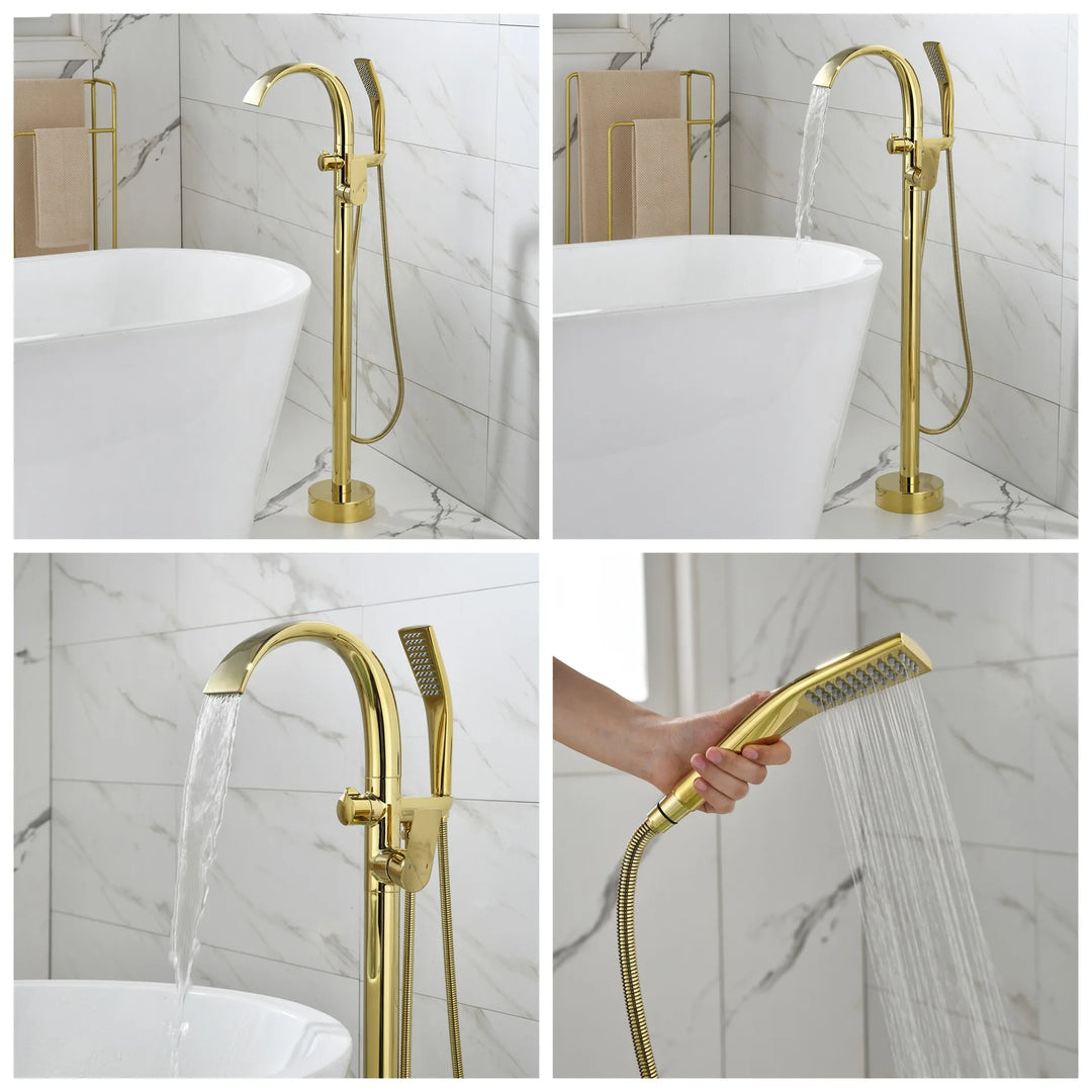 Floor Stand Waterfall Bathtub Faucet Solid Brass Bathroom Bathtub Water Mixer with Hand Shower in Brushed Rose Gold, Black, Gold