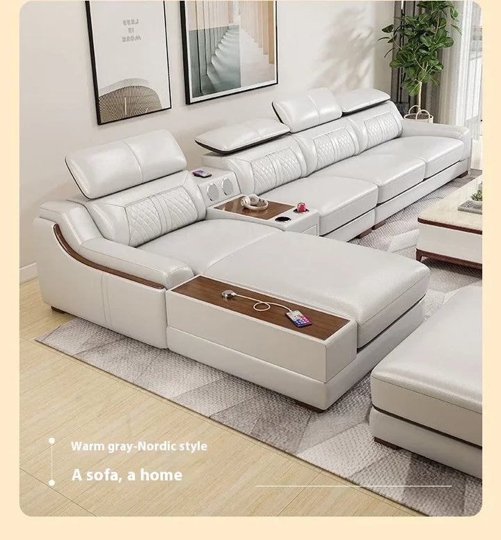 Stylish Italian Genuine Leather Sofa for Living Room with Cup Holder, USB, Adjustable Headrests & Bluetooth Speaker - Lazy Sofa