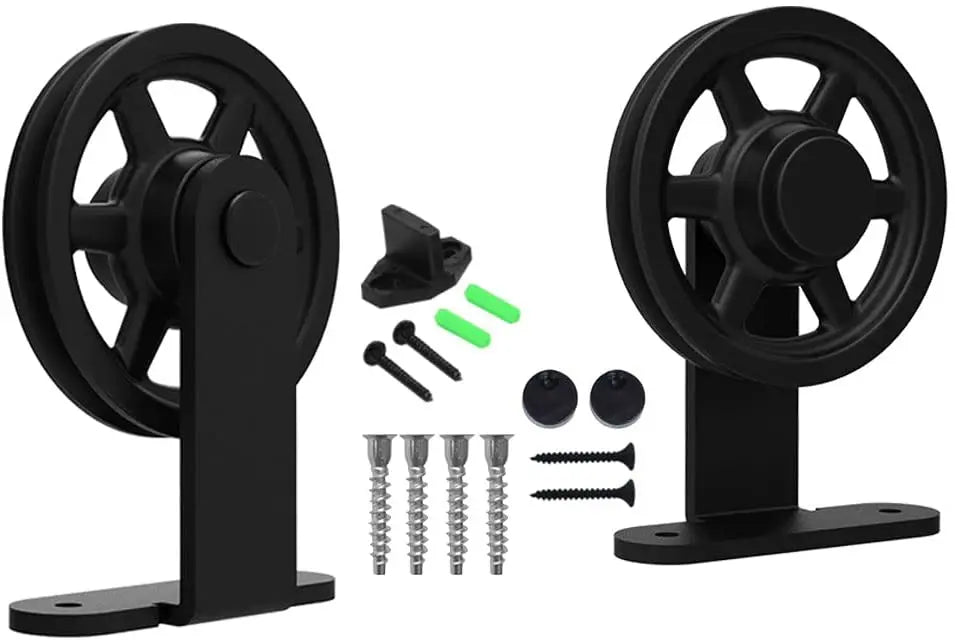 TSMST Heavy Duty Barn Door Hardware Kit for Wood Single Barn Door Black Industrial Rail + Middle Wheel  T Shape Roller