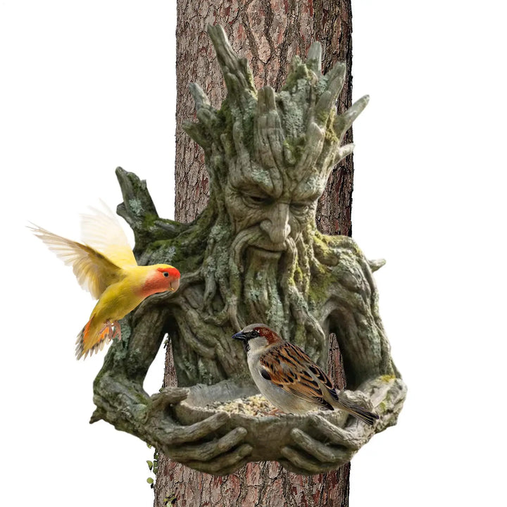 Mounted on Tree Bird Feeder Weatherproof Resin Decorative Tree Face Bird Feeder Birdseed Holder for Garden Backyard Art Decor