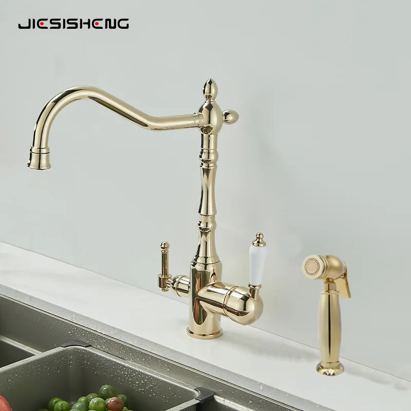 Brass light luxury three-in-one pure water faucet household sink washbasin hot and cold water faucet anti-splash