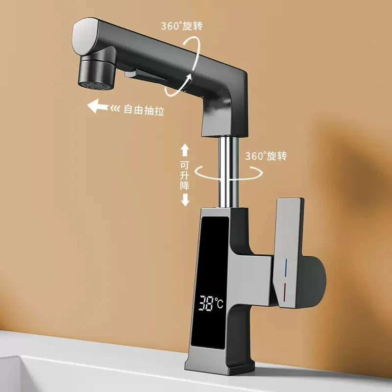 Digital Display Pulling Faucet Intelligent Temperature Sensor Brass Washbasin Taps Rotating Lifting Cold and Hot Water Mixer Tap