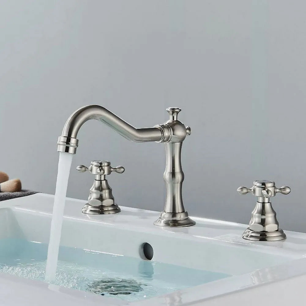 Bathroom Basin Faucet 3 Hole Deck Mounted Dual Handle Hot Cold Mixer Water Tap Brass Basin Sink Faucet Nzh041