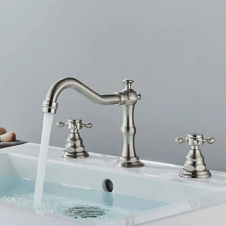 Bathroom Basin Faucet 3 Hole Deck Mounted Dual Handle Hot Cold Mixer Water Tap Brass Basin Sink Faucet Nzh041