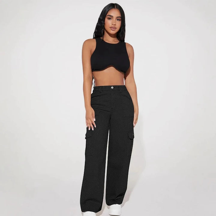 Women Black Wide Leg Cargo Pants 2025 Fashion High Waist Button Big Pocket Long Trousers Vintage Y2K Streetwear Baggy Trousers