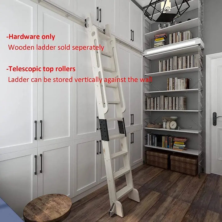 6.6FT(200cm)  Retractable Sliding Library  Hardware Kit No Ladder，Round Tube Rolling Ladder Track， Floor Roller with Brake