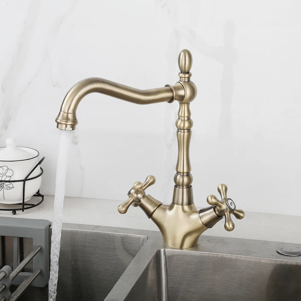 ZAPPO Kitchen Sink Faucet Polish Chrome Double Cross Handle Mixer 360° Swivel Spout Kitchen Faucets Tap Hot and Cold Water Taps