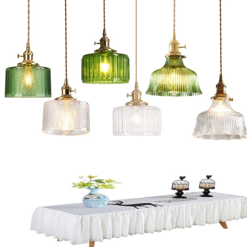 Suspension Green Stripe Glass Chandelier E27 Restaurant Pendant Light For Dining Room Kitchen Cafe Bedside Hanging Lamp Fixtures
