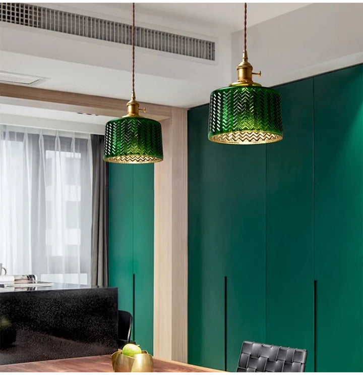Suspension Green Stripe Glass Chandelier E27 Restaurant Pendant Light For Dining Room Kitchen Cafe Bedside Hanging Lamp Fixtures