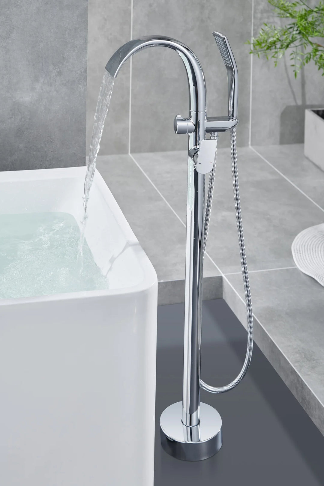 Floor Stand Waterfall Bathtub Faucet Solid Brass Bathroom Bathtub Water Mixer with Hand Shower in Brushed Rose Gold, Black, Gold